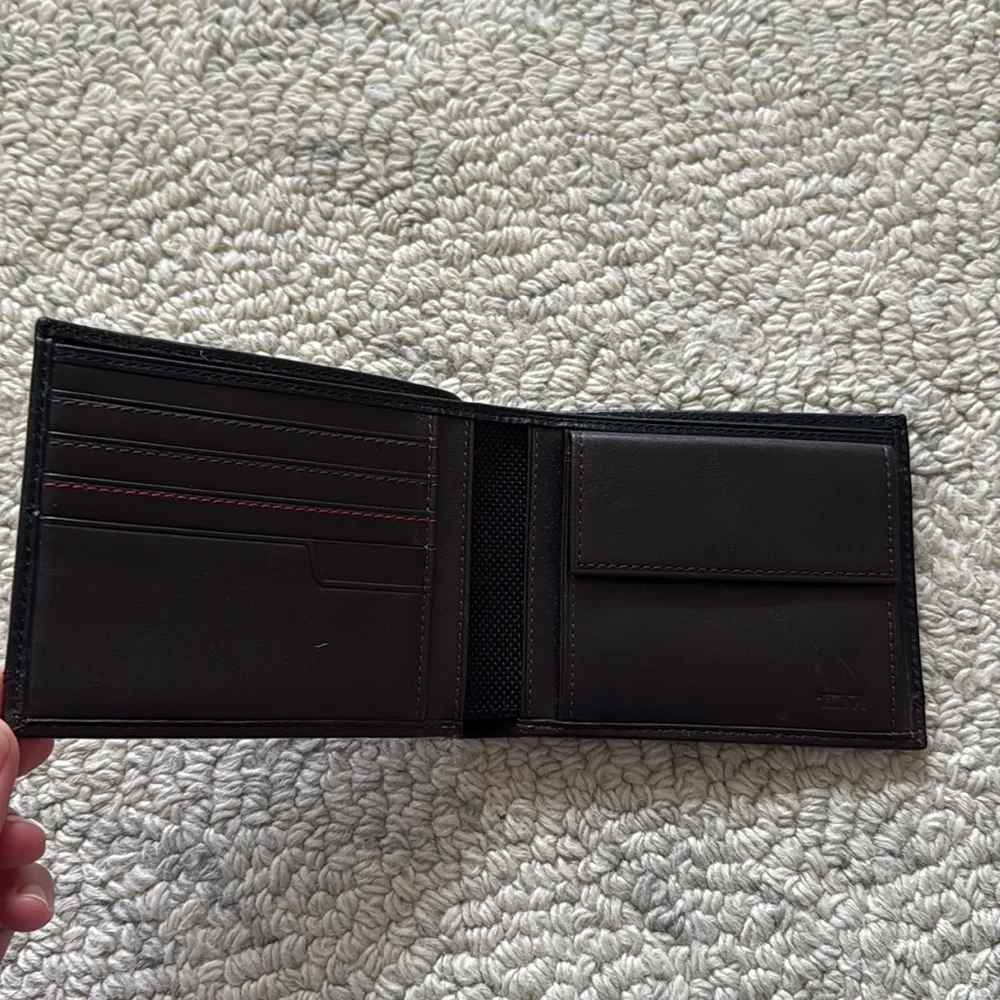 Tumi Black Leather Double Billfold Wallet with Coin Holder.
